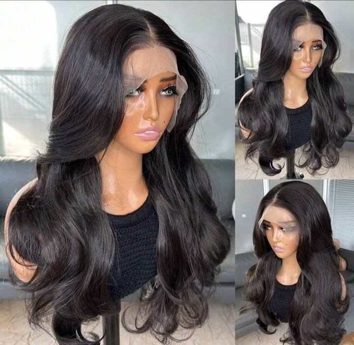 Natural black human blend lace front wig 22”